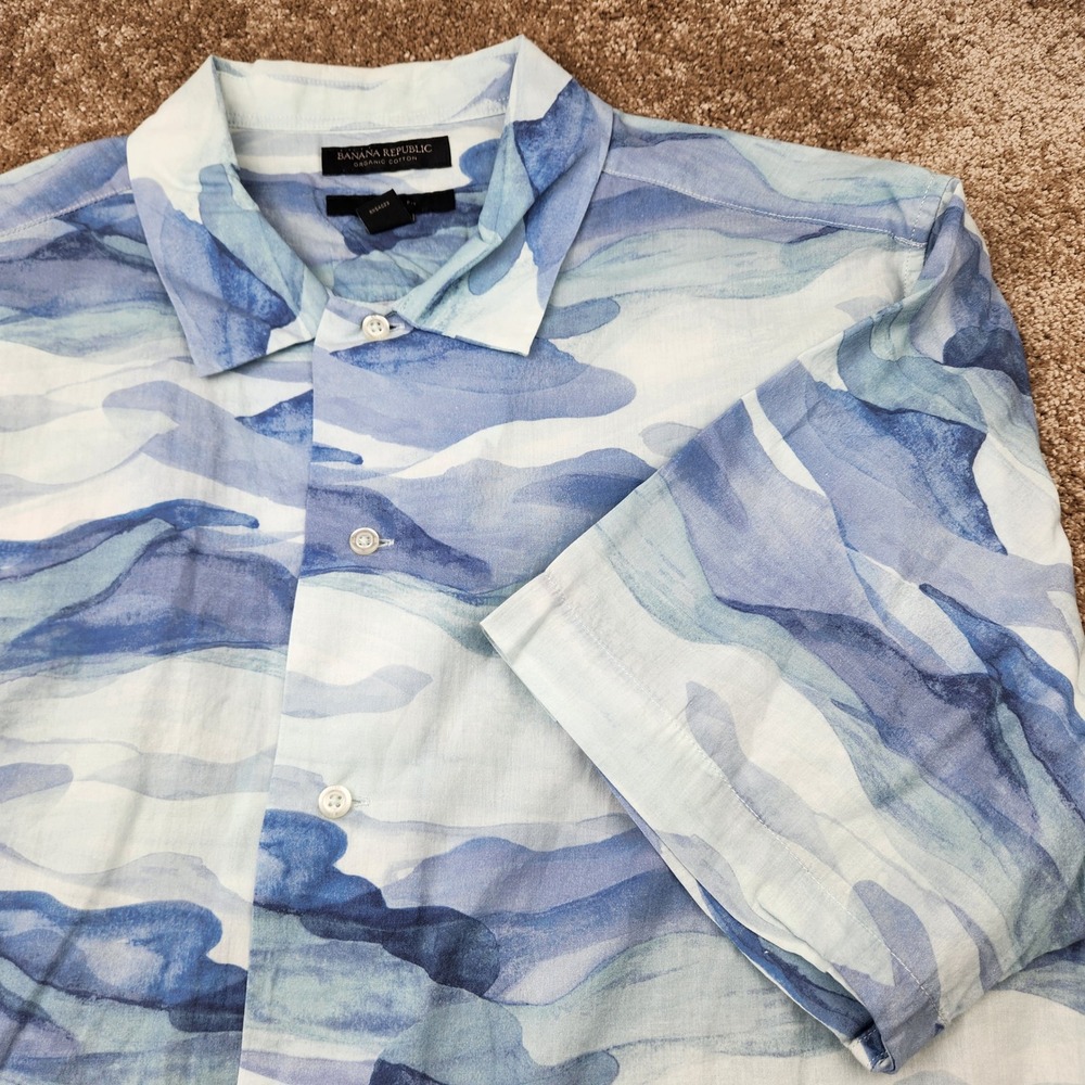 Banana Republic Mens Organic Cotton Abstract Watercolor Shirt Blue Relaxed Fit L
